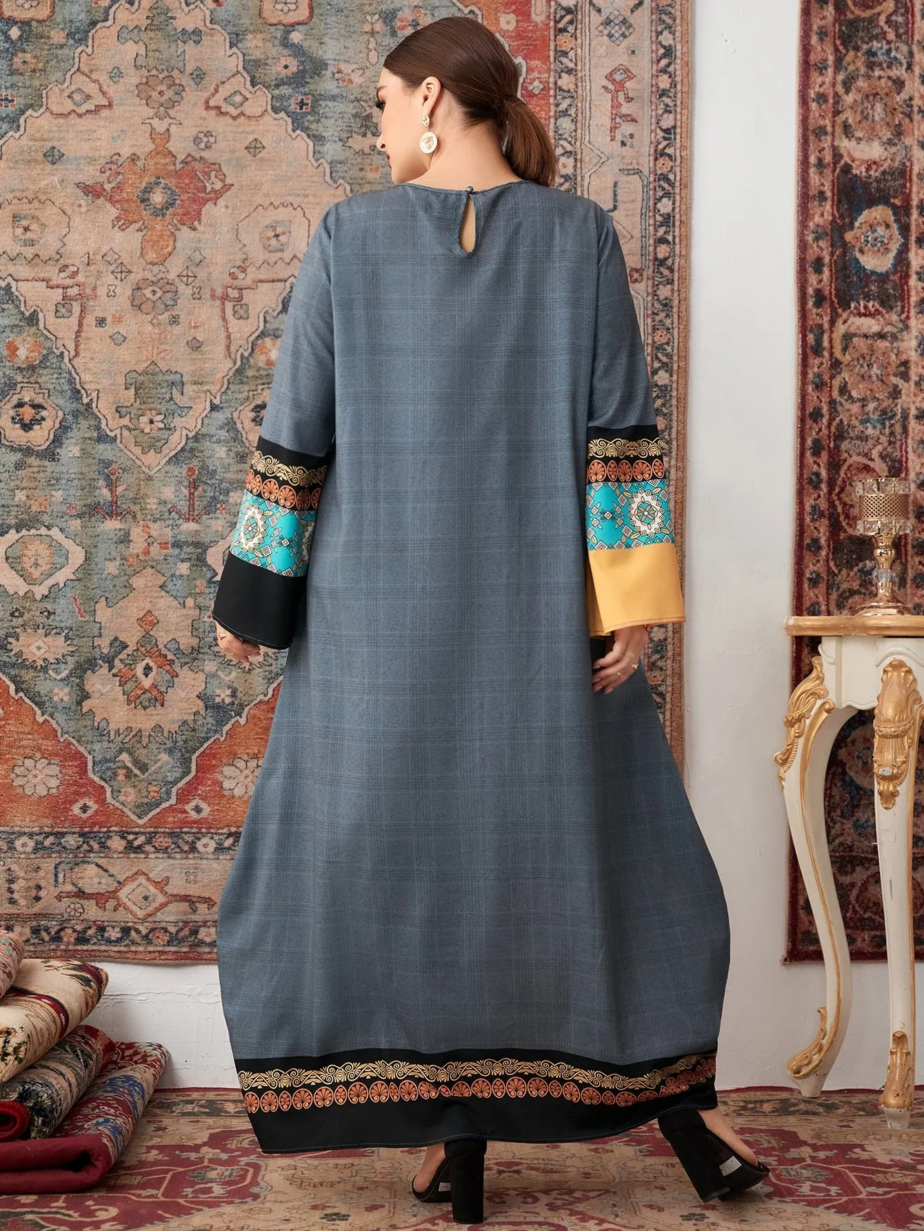 Modest Tribal Long Sleeve Round Neck Straight Natural Maxi Plus Size Dress