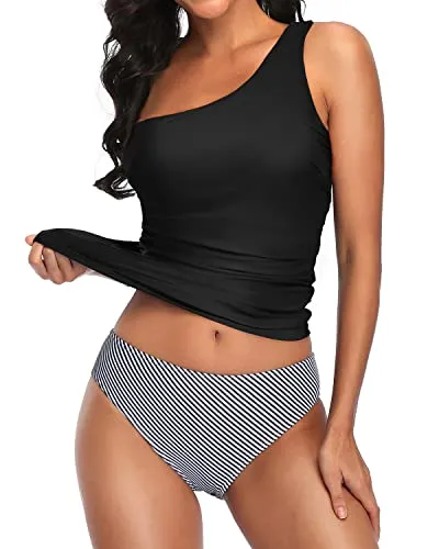 Modest Tummy Control One Shoulder Tankini Swimsuit For Ladies-Black Stripe