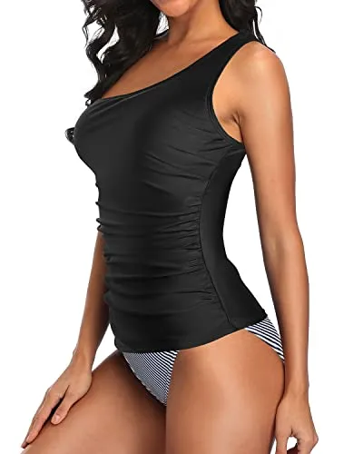 Modest Tummy Control One Shoulder Tankini Swimsuit For Ladies-Black Stripe
