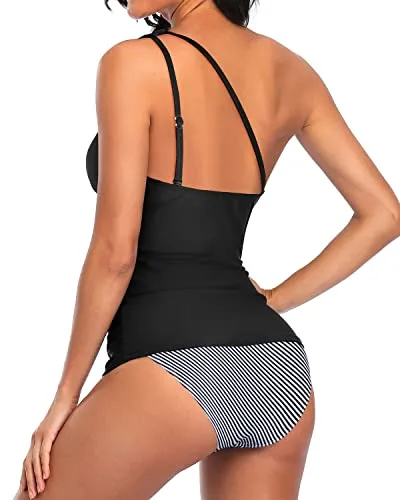 Modest Tummy Control One Shoulder Tankini Swimsuit For Ladies-Black Stripe