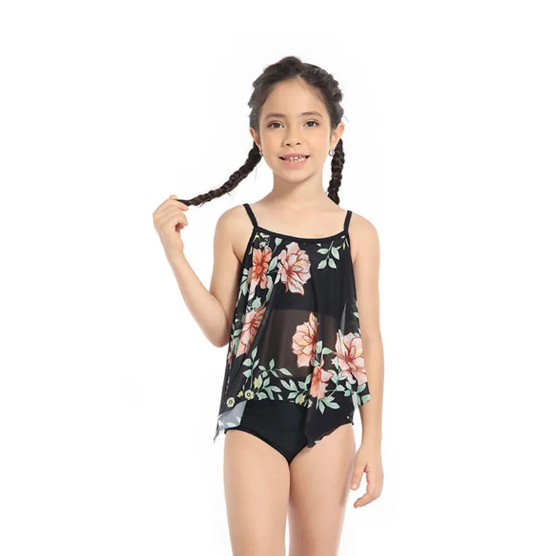 Mom and Daughter Floral Print Asymmetrical Hem Swimsuit