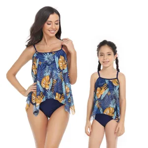 Mom and Daughter Plant Print Asymmetrical Hem Bikini Swimsuit