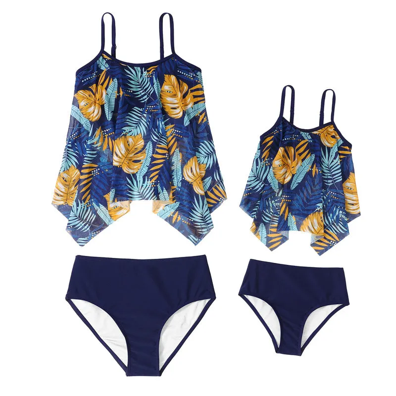 Mom and Daughter Plant Print Asymmetrical Hem Bikini Swimsuit