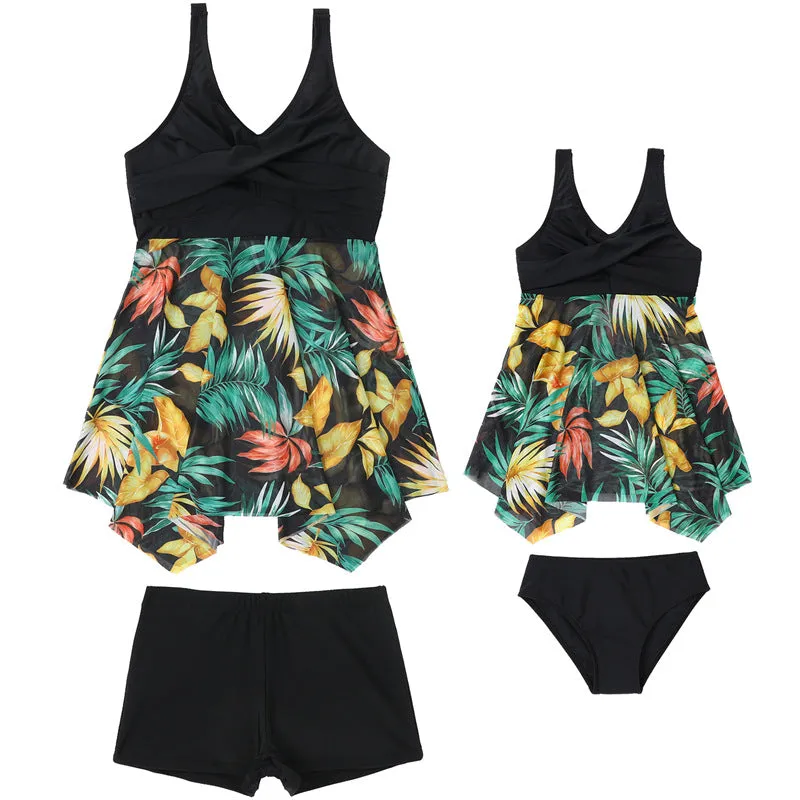Mom and Daughter Plant Print Swim Dress