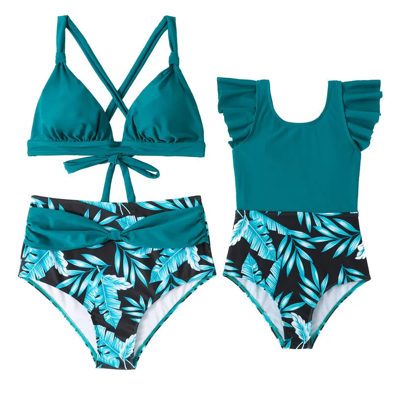 Mom and Daughter Tropical Print High Waisted Bikini Swimsuit