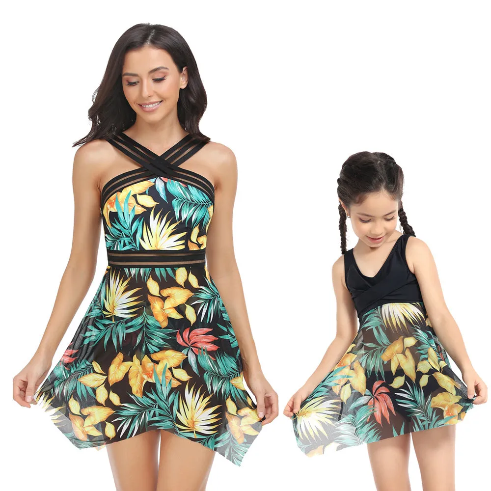 Mom and Daughter Tropical Print Ruched Bust Bikini Swimsuit