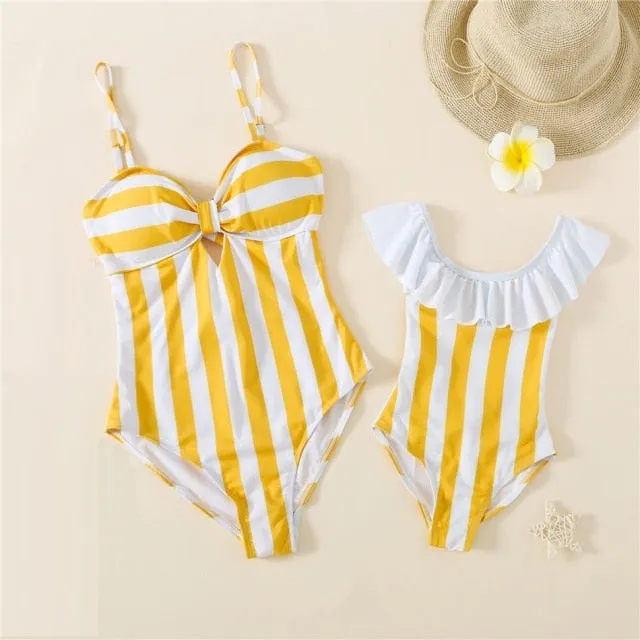 Mommy and Me Swimsuit Yellow Striped One Piece Swimwear