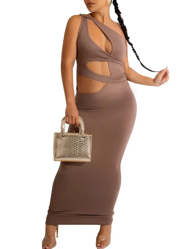 Momnfancy Brown Irregular Cut Out Crop One Shoulder Bodycon Chic Club Party Maternity Photoshoot Maxi Dress