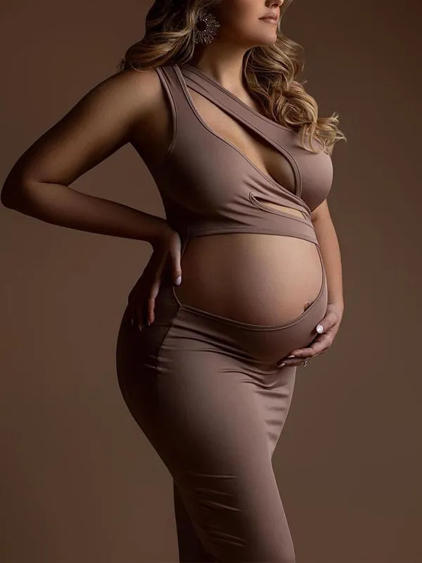 Momnfancy Brown Irregular Cut Out Crop One Shoulder Bodycon Chic Club Party Maternity Photoshoot Maxi Dress