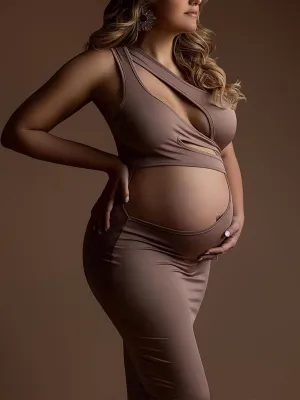 Momnfancy Brown Irregular Cut Out Crop One Shoulder Bodycon Chic Club Party Maternity Photoshoot Maxi Dress