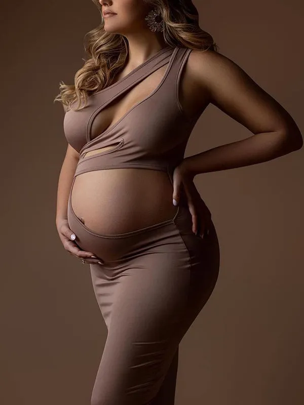 Momnfancy Brown Irregular Cut Out Crop One Shoulder Bodycon Chic Club Party Maternity Photoshoot Maxi Dress