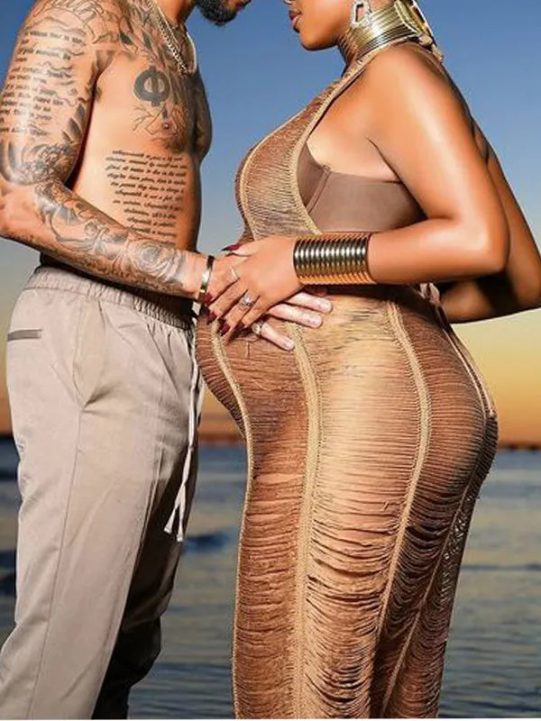 Momyknows Sheer Backless Tassel Crochet Halter Neck Sleeveless Beach Cover Ups Plus Size Photoshoot Maternity Maxi Dress