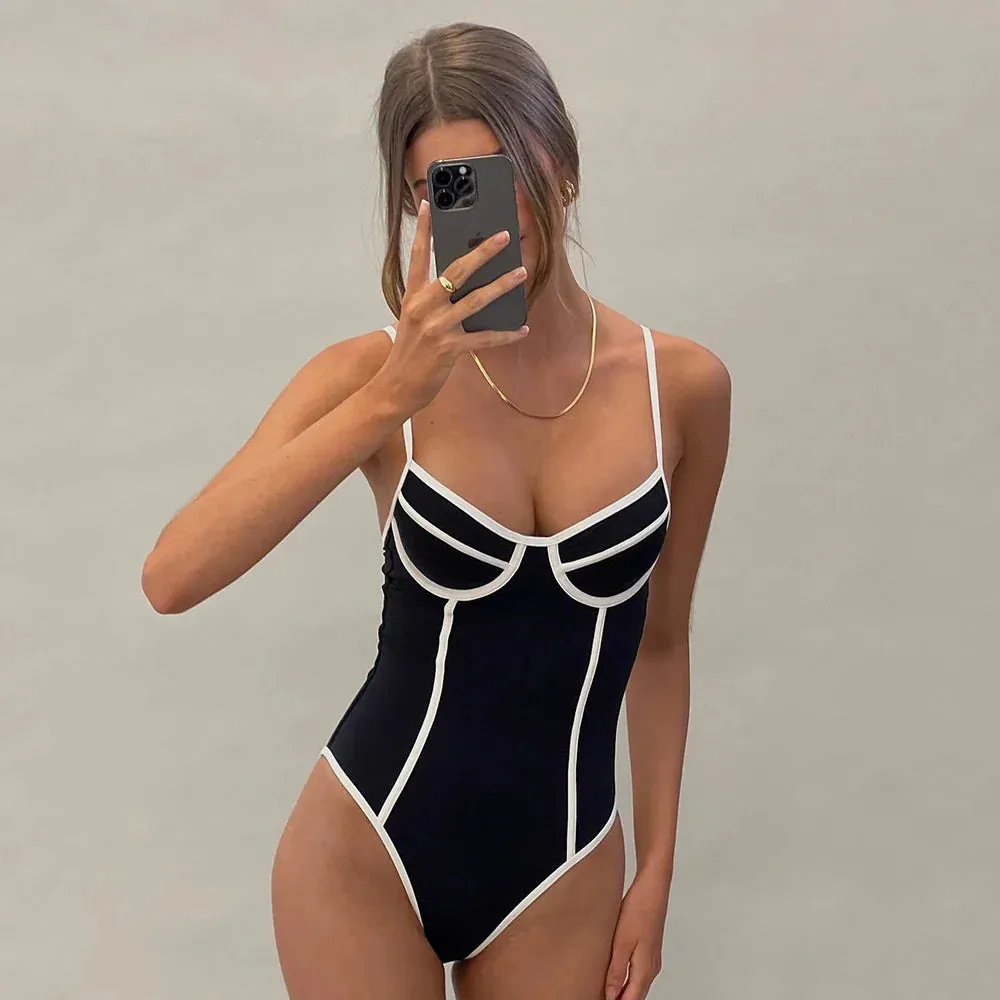 Monochrome One-Piece Swimsuit with Contrast Trim in Black & White
