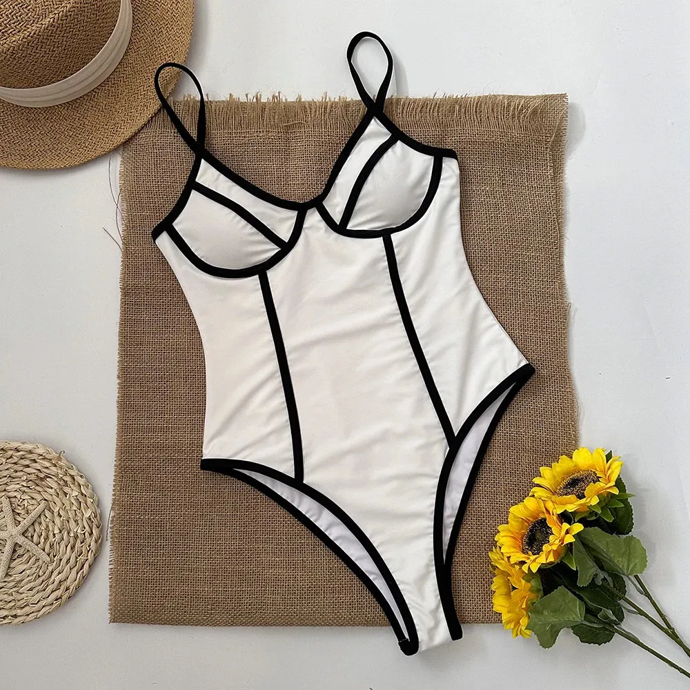 Monochrome One-Piece Swimsuit with Contrast Trim in Black & White