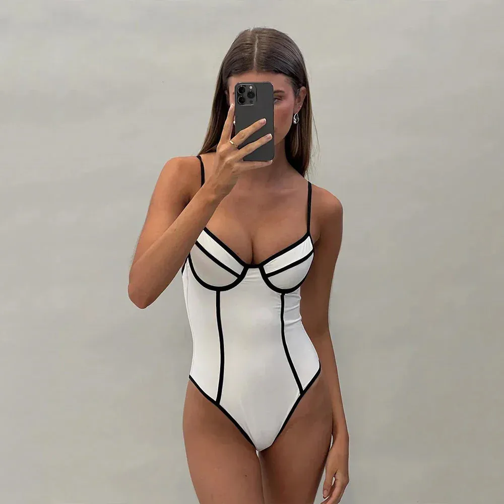 Monochrome One-Piece Swimsuit with Contrast Trim in Black & White