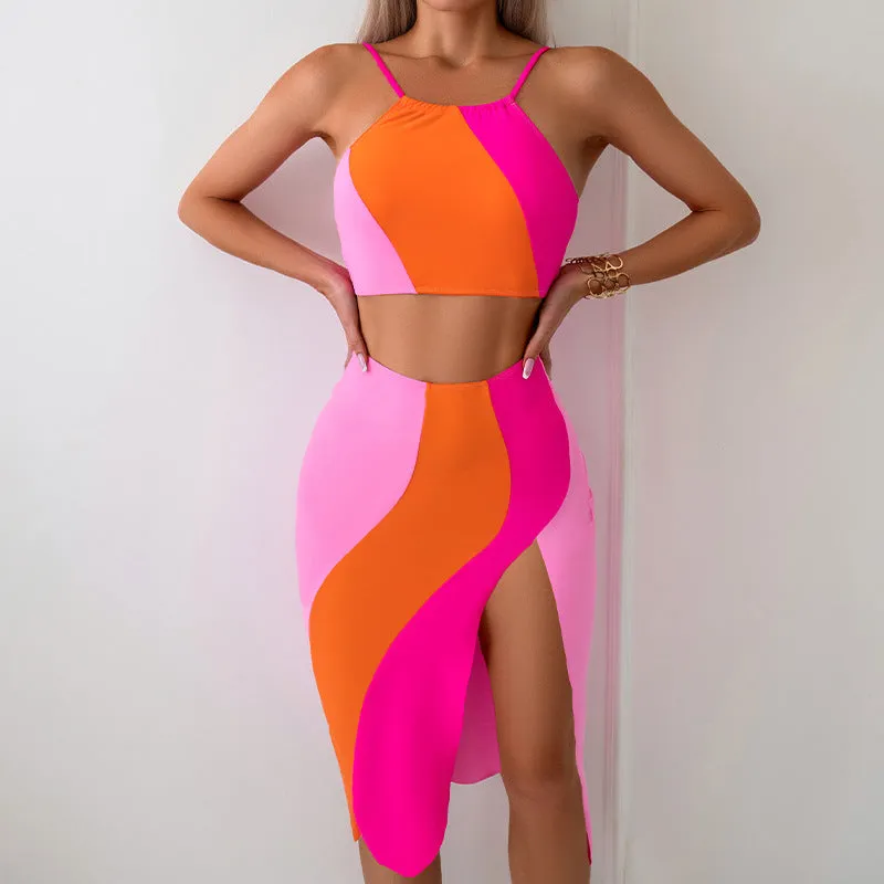Mother and Daughter Color Block Printing Matching Swimsuit