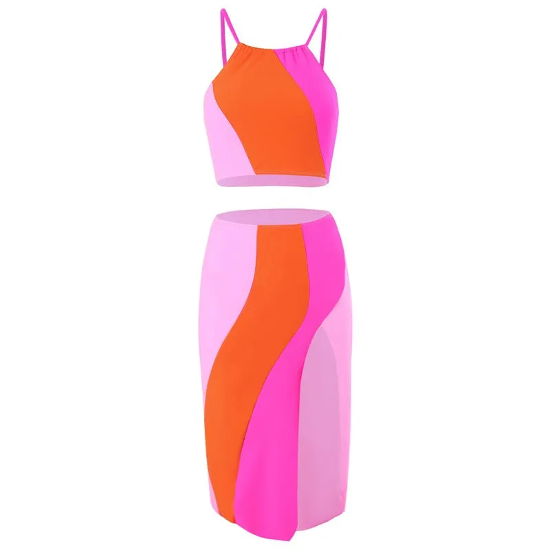 Mother and Daughter Color Block Printing Matching Swimsuit