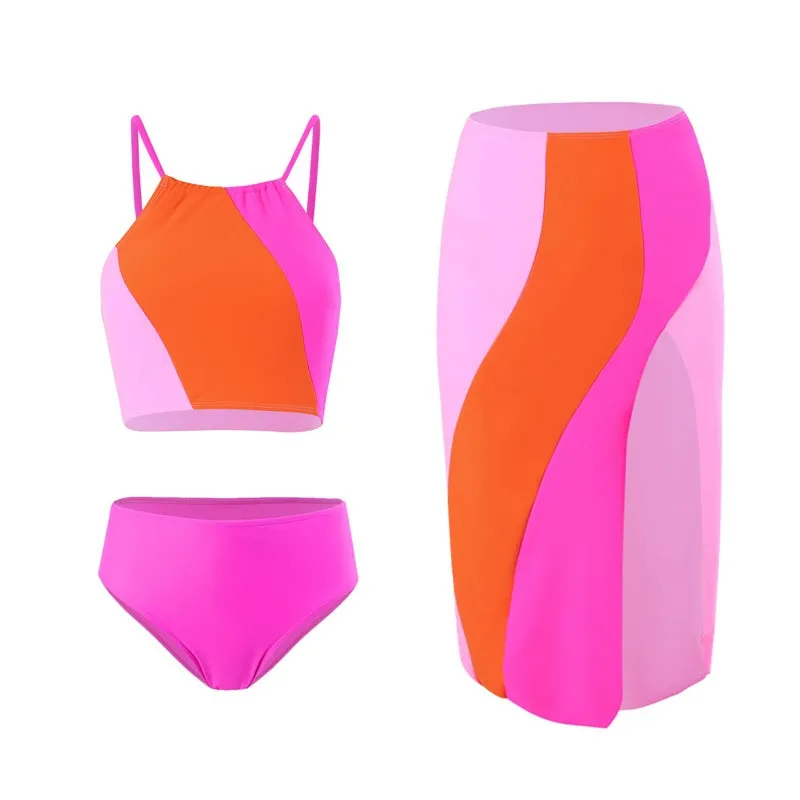 Mother and Daughter Color Block Printing Matching Swimsuit