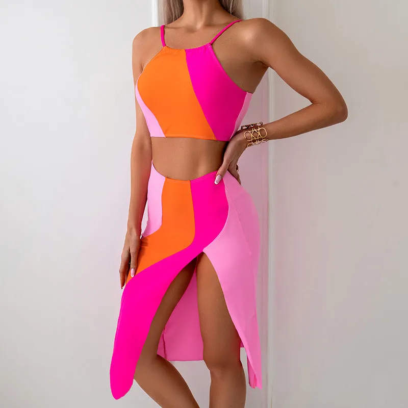 Mother and Daughter Color Block Printing Matching Swimsuit