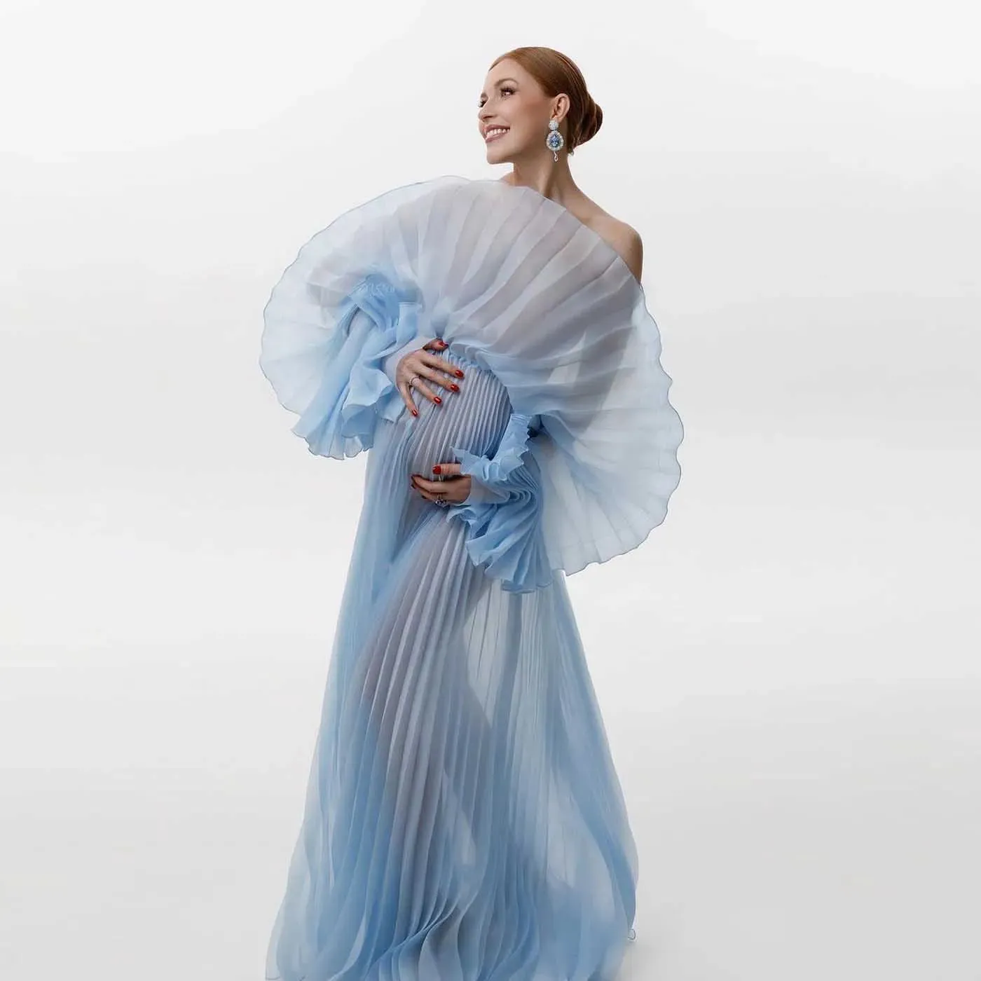 MQTIME  -  Elegant Blue Pleated Maternity Dresses for Photoshoot Puff Sleeves Sheer Organza Maternity Gown Photography Babyshower Dress