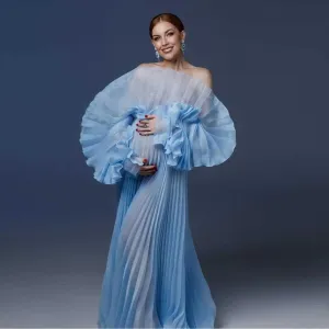 MQTIME  -  Elegant Blue Pleated Maternity Dresses for Photoshoot Puff Sleeves Sheer Organza Maternity Gown Photography Babyshower Dress