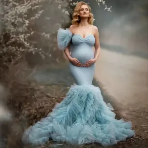 Mqtime Elegant Light Blue Mermaid Maternity Dress for Photoshoot Pregnant Women Photography Dresses Ruffled Tulle Baby Shower Gowns