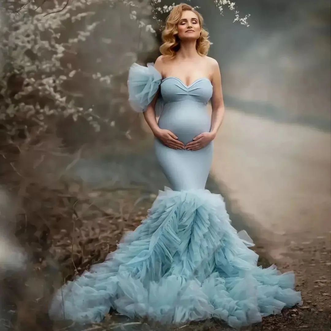 Mqtime Elegant Light Blue Mermaid Maternity Dress for Photoshoot Pregnant Women Photography Dresses Ruffled Tulle Baby Shower Gowns