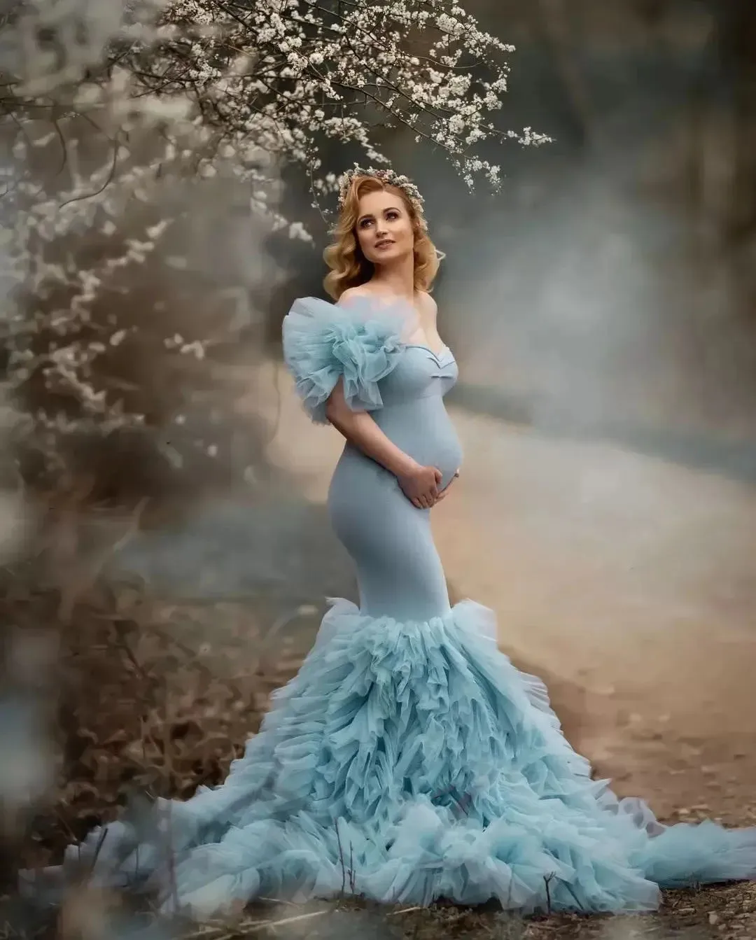 Mqtime Elegant Light Blue Mermaid Maternity Dress for Photoshoot Pregnant Women Photography Dresses Ruffled Tulle Baby Shower Gowns