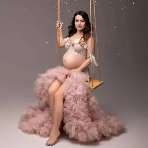 MQTIME  -  Glamorous Pink Maternity Robes for Pregnant Women Floral Appliques Photography Women Dresses Sweep Train Baby Shower Gowns