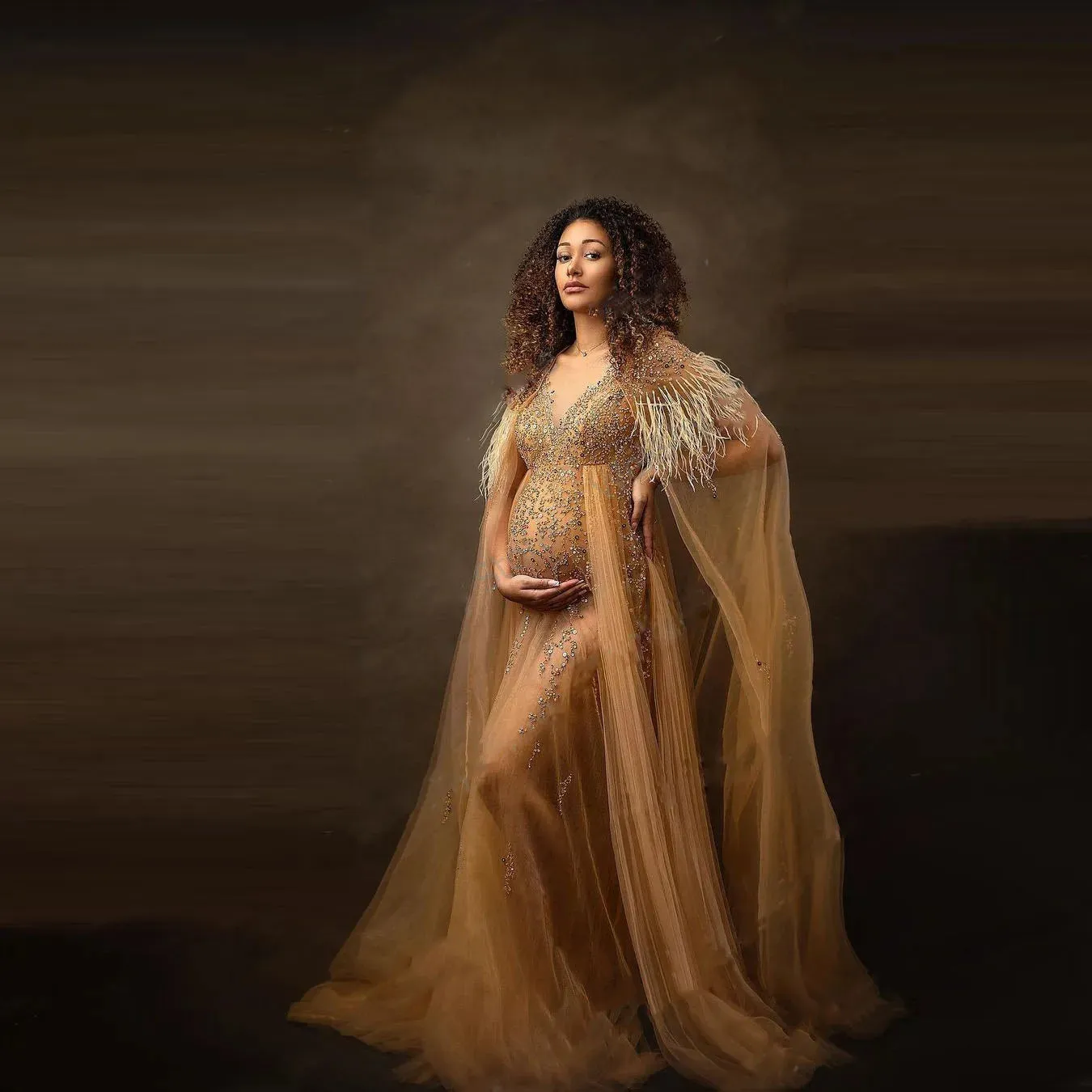 Mqtime Gorgeous Gold Maternity Dress For Baby Shower Beads Pregnant Photo Shoot Ostrich Maternity Dresses Cloak Sleeve Sheer