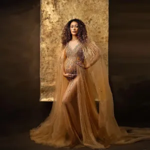 Mqtime Gorgeous Gold Maternity Dress For Baby Shower Beads Pregnant Photo Shoot Ostrich Maternity Dresses Cloak Sleeve Sheer