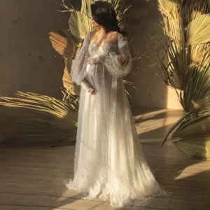 MQTIME -  Ivory Tulle Maternity Dress Pearls Maternity Dresses Women Sweetheart Pregnant Gowns for Baby Shower Extra Tulle Elegant