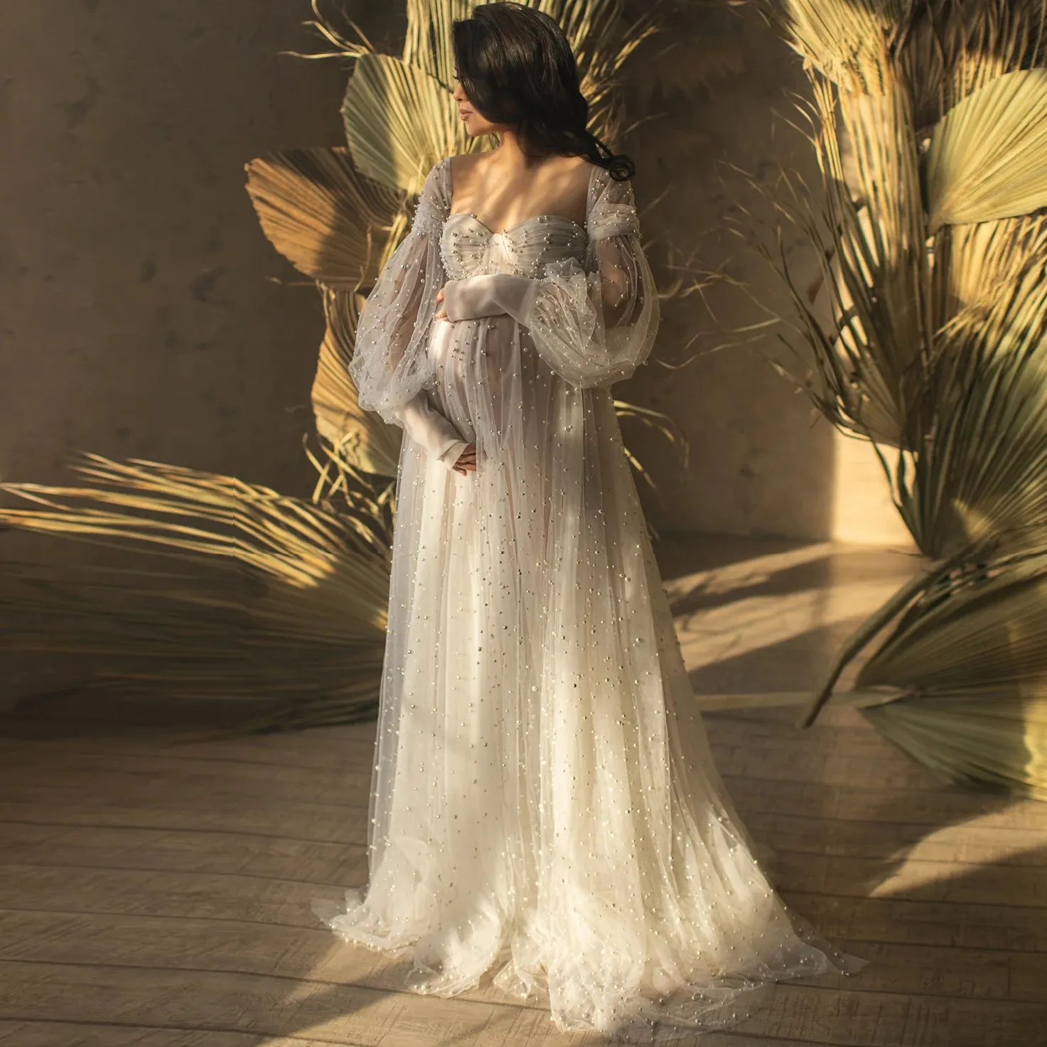 MQTIME -  Ivory Tulle Maternity Dress Pearls Maternity Dresses Women Sweetheart Pregnant Gowns for Baby Shower Extra Tulle Elegant