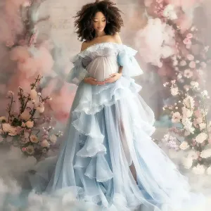 MQTIME  -   Maternity Dresses Off The Shoulder Ruched Prom Dresses Sleeveless Sweep Train  Photoshoot Babyshower Gowns