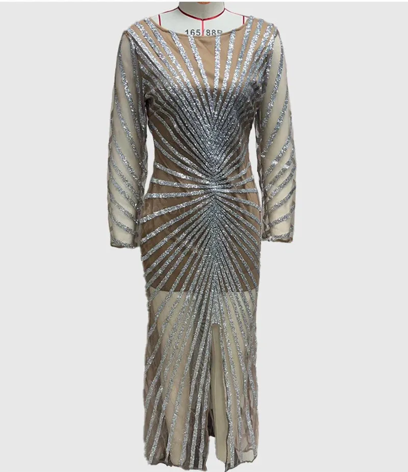 MQTIME  - Maternity Photoshoot Dress for Baby Shower Women Sexy Long Sleeve Rhinestone Sheer Mesh Maxi Dress with Side Slit Formal Shoot