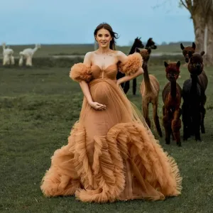Mqtime New Design Tan Gold Tulle Maternity Dresses for Pregnant Woman Puff Sleeves Ruffled Mesh Maternity Photography Dress Photoshoot