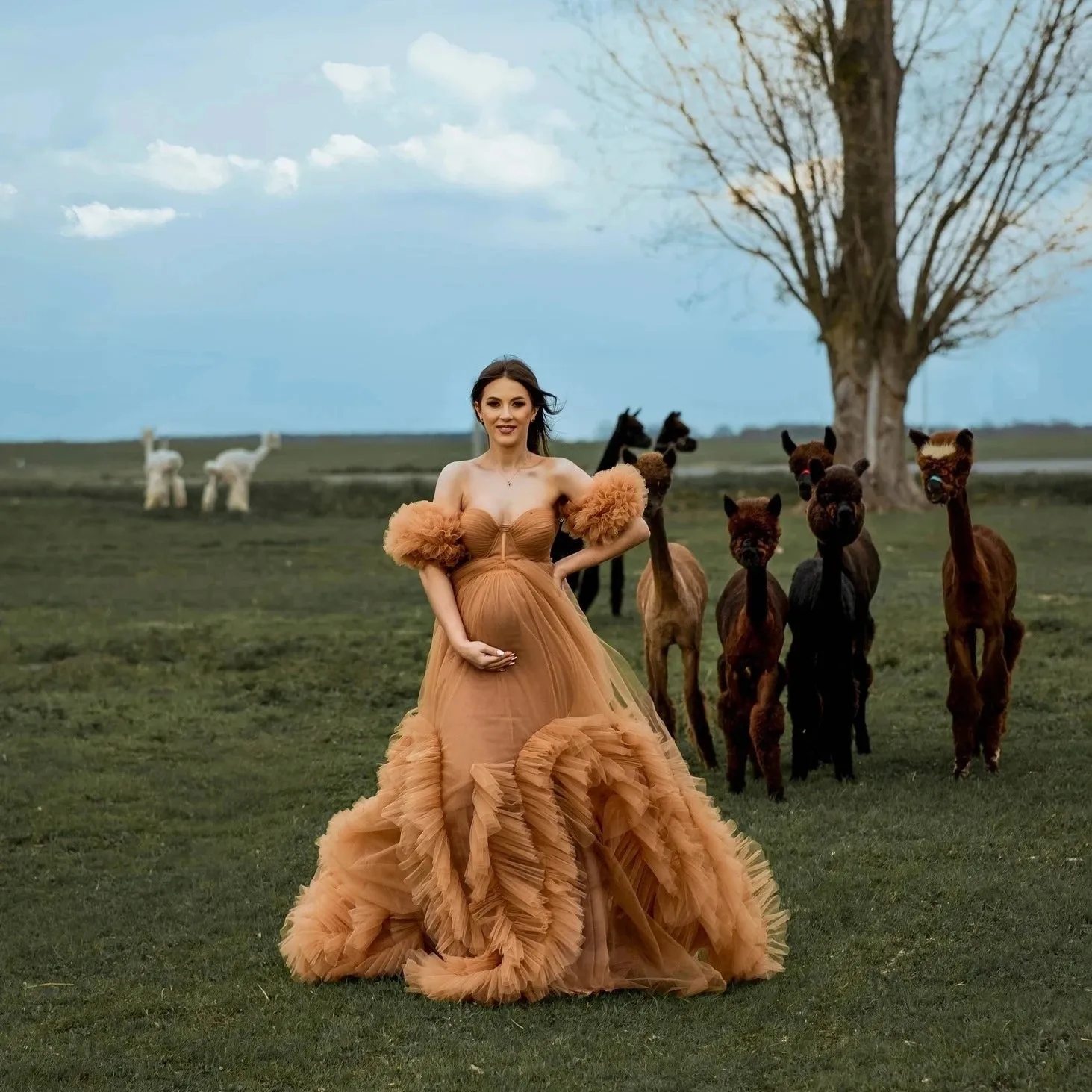 Mqtime New Design Tan Gold Tulle Maternity Dresses for Pregnant Woman Puff Sleeves Ruffled Mesh Maternity Photography Dress Photoshoot