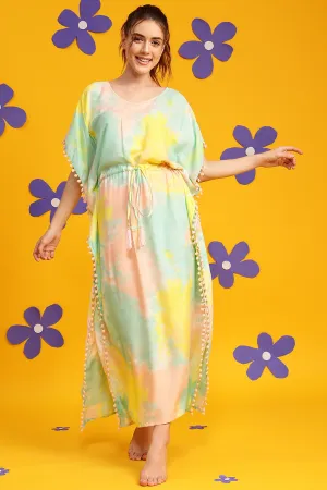 Multicolor Rayon Tie-Dye Print Long Kaftan