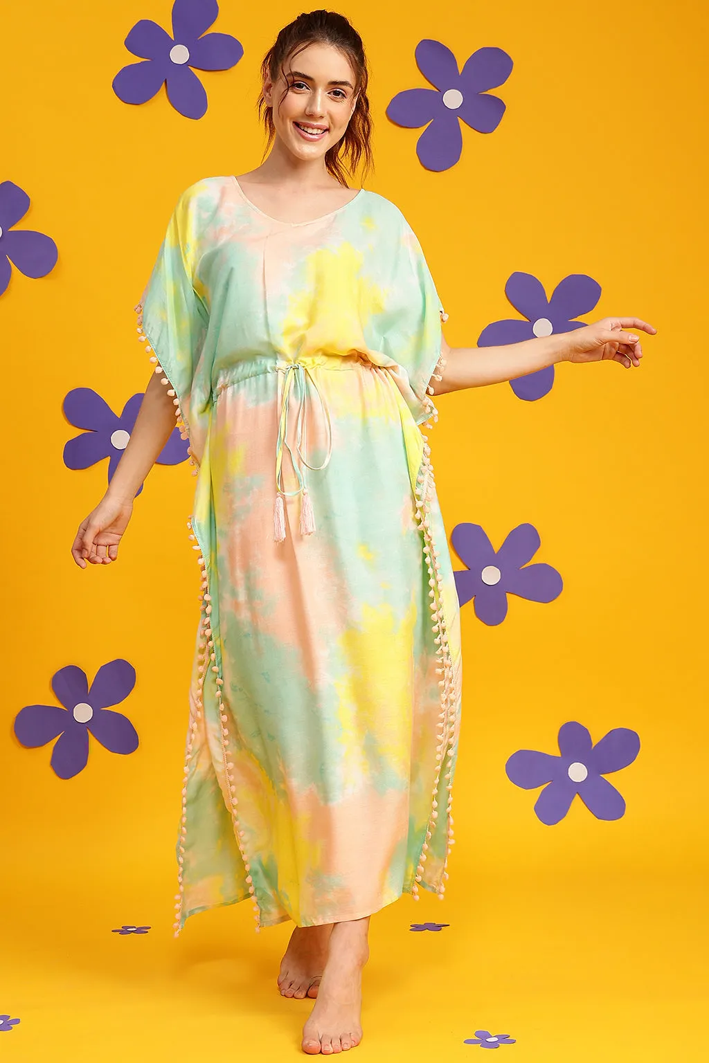 Multicolor Rayon Tie-Dye Print Long Kaftan