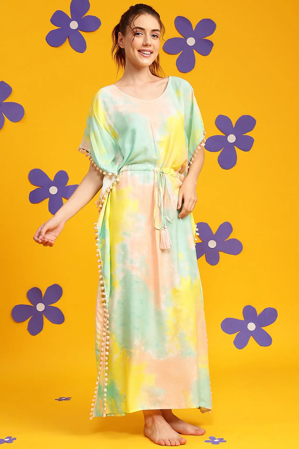 Multicolor Rayon Tie-Dye Print Long Kaftan