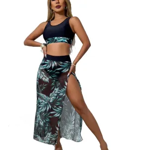 NATHGAM Swimsuit for Women Sport Crop Tank Top Panties Tropical Print High Slit Flowy Skirt 3 Piece Summer Beach Bathing Suit