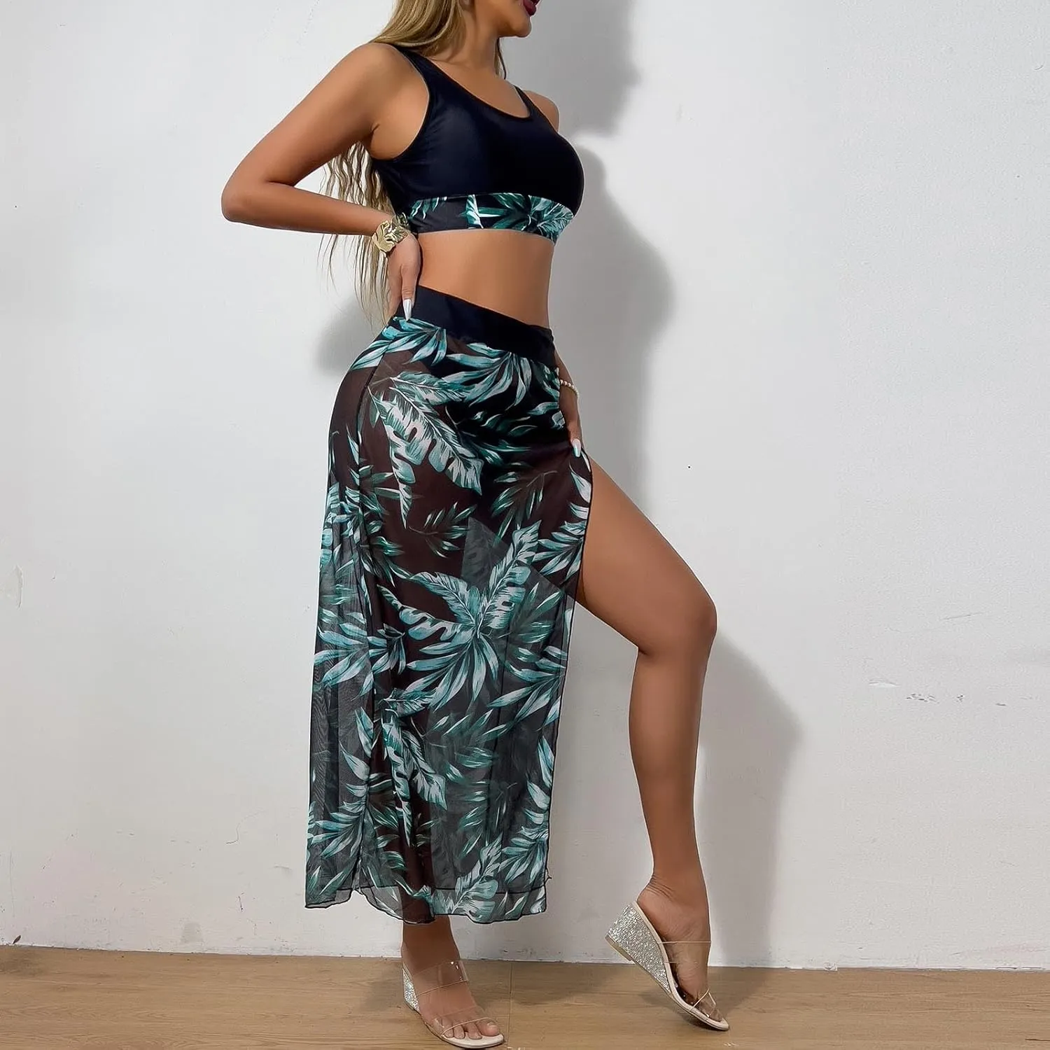 NATHGAM Swimsuit for Women Sport Crop Tank Top Panties Tropical Print High Slit Flowy Skirt 3 Piece Summer Beach Bathing Suit