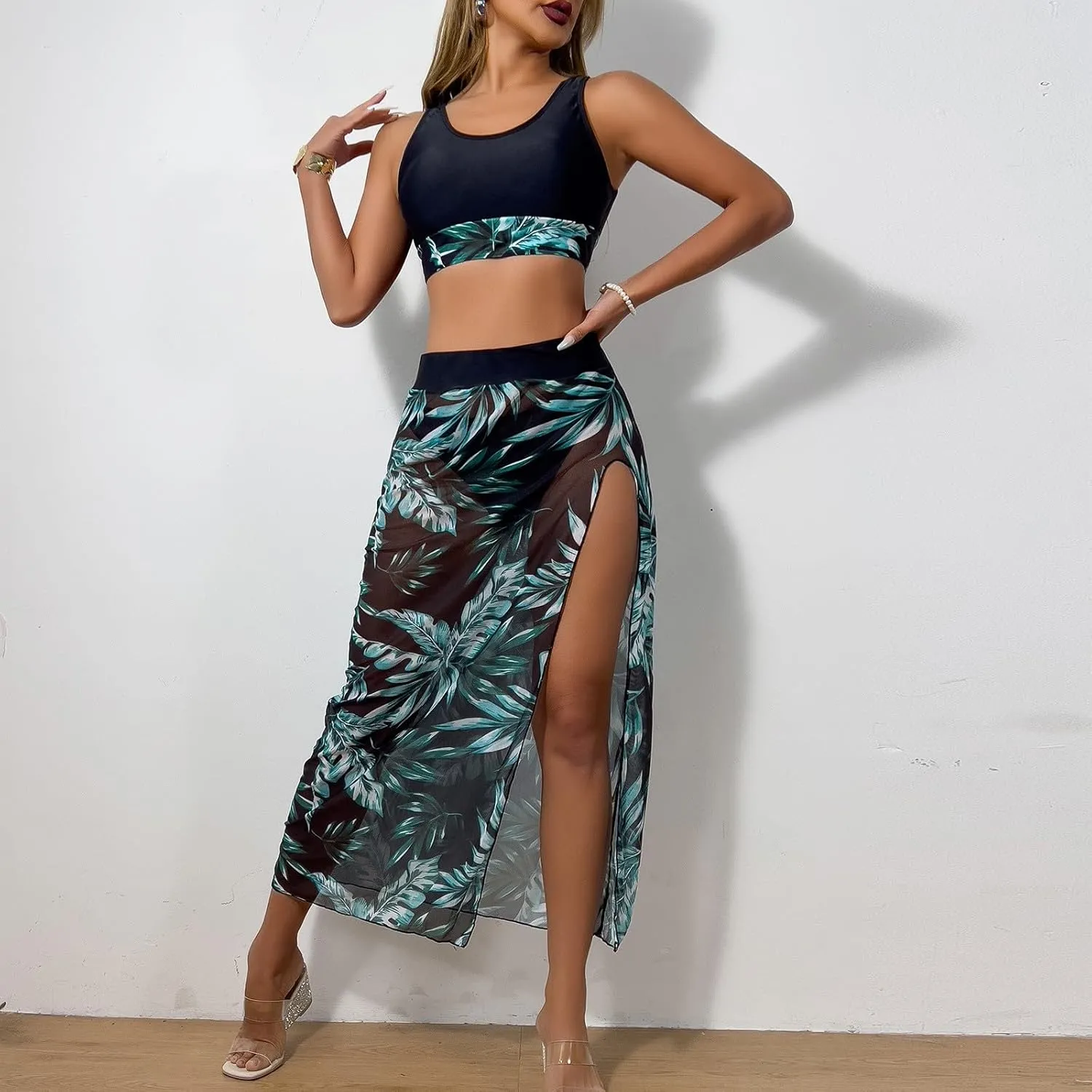 NATHGAM Swimsuit for Women Sport Crop Tank Top Panties Tropical Print High Slit Flowy Skirt 3 Piece Summer Beach Bathing Suit