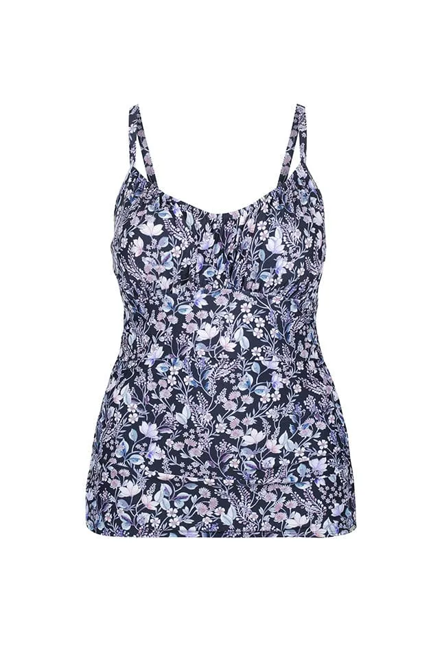 Navy Floral Ruched Underwire Tankini Top