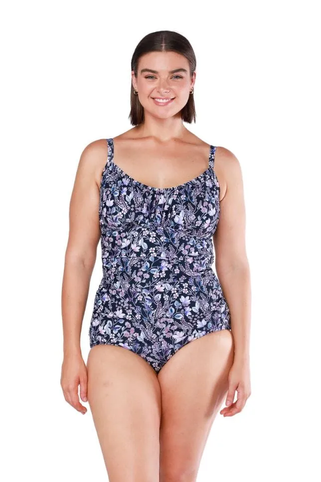 Navy Floral Ruched Underwire Tankini Top