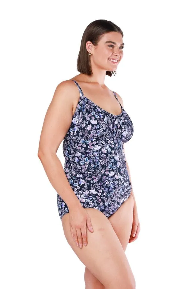 Navy Floral Ruched Underwire Tankini Top