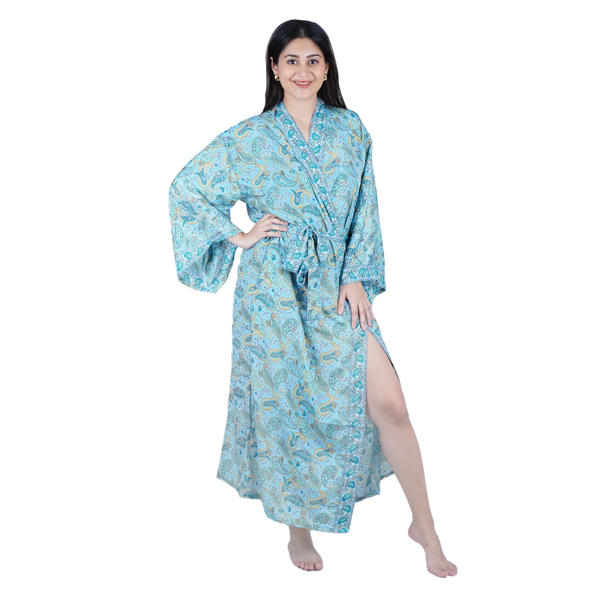 New Luxury Silk Boho Kimono House Robe - Sky Blue Paisley