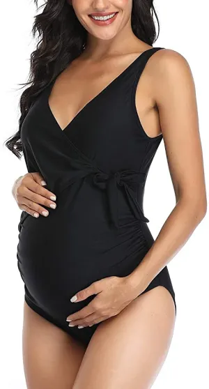 New Maternity Swimsuit One Piece Tie Front Bathing Suit V Neck Pregnancy Swimwear High Cut, Black, Sz L!
