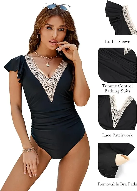 NEW Retails $40 Blooming Jelly Womens Tummy Control Swimsuits One Piece Slimming Bathing Suits Ruffle Lace V Neck Swimwear, Black, Sz L