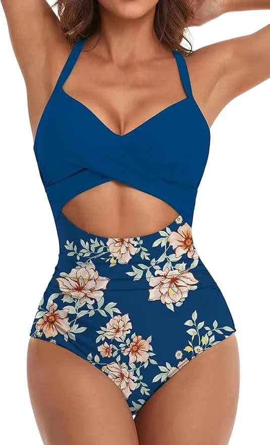 NEW Retails $50 Women's One Piece Swimsuits Tummy Control Cutout High Waisted Bathing Suit Wrap Tie Back 1 Piece Swimsuit, Blue Floral, Sz S